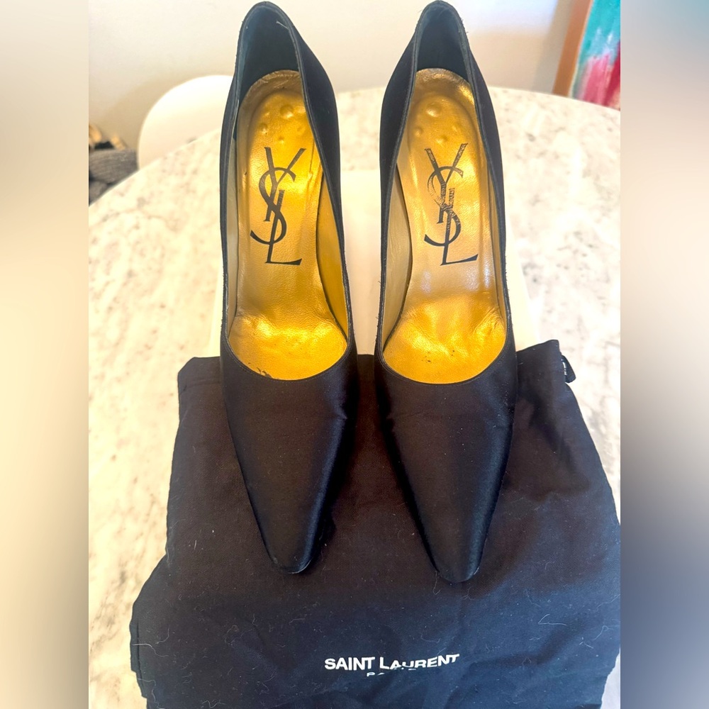 Vintage YSL Black Satin Pumps with gold lining, size 39